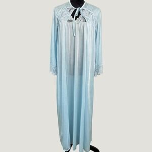 Vintage Nylon Peignoir Set Nightgown Robe Womens Medium‎ Blue Lace Trim Ethereal